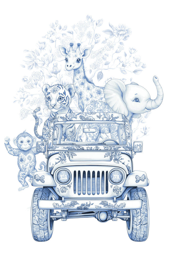 Panneau de Tissu Toile de Jouy Safari, taille au choix