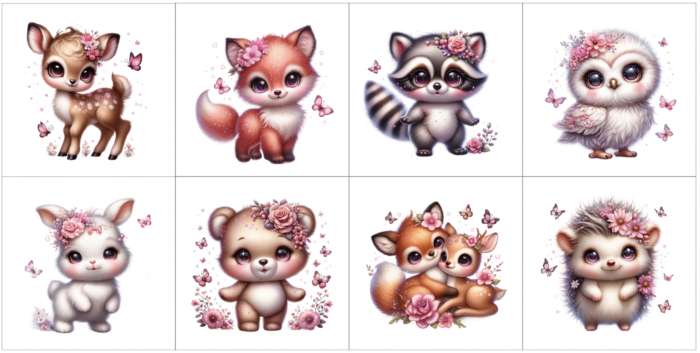 Panneau 8 lingettes lavables 12x12cm Animaux Foret Rose