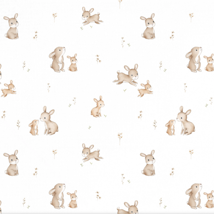 Tissu Imprimé Bebe Lapin avec Maman, 4 coloris et 10 tissus au choix