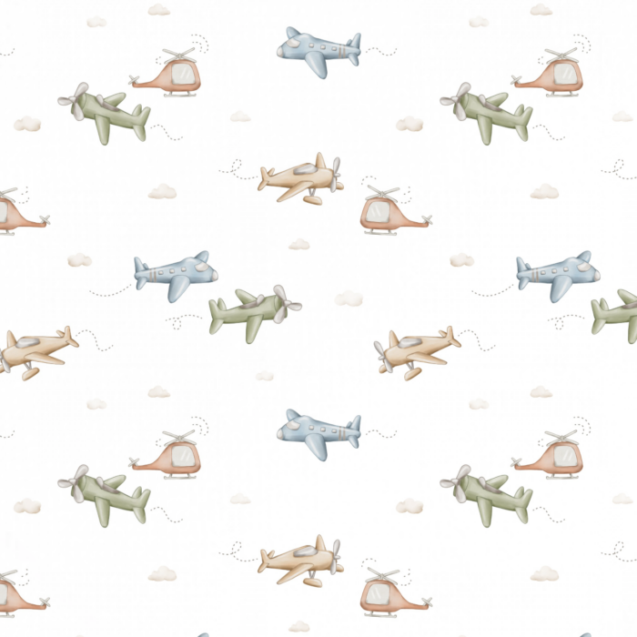 Tissu Imprimé Avion Petits Nuages, 5 coloris et 10 tissus au choix