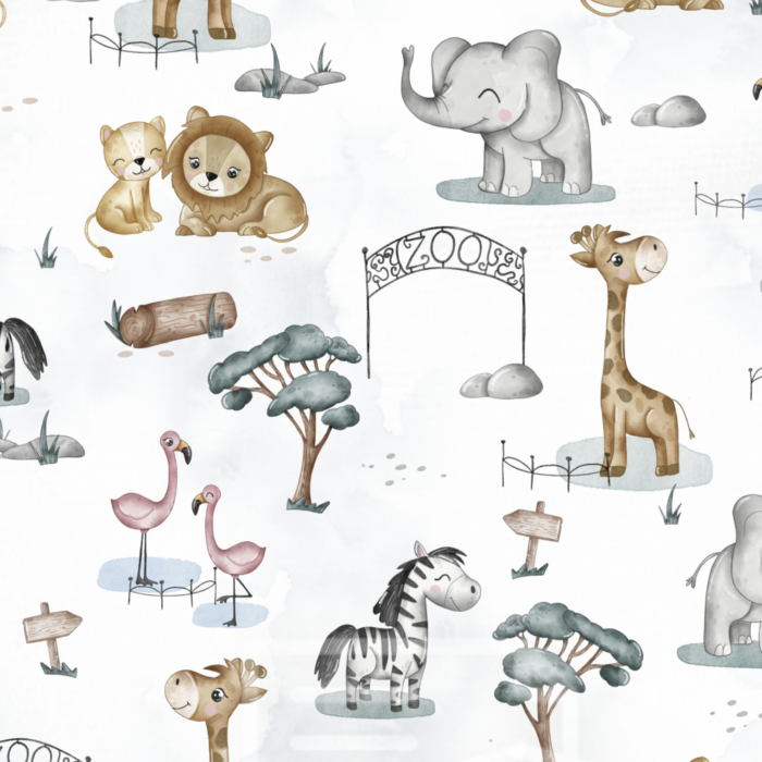 Tissu Imprimé Animaux Adorables Zoo Blanc, 10 tissus au choix