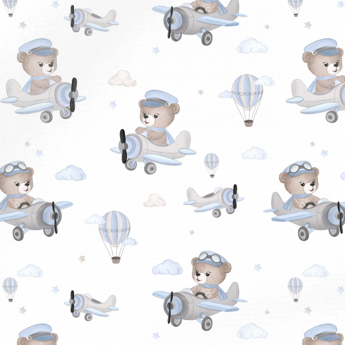 Tissu Imprimé Avion Ourson Pilote Bleu, 10 tissus au choix