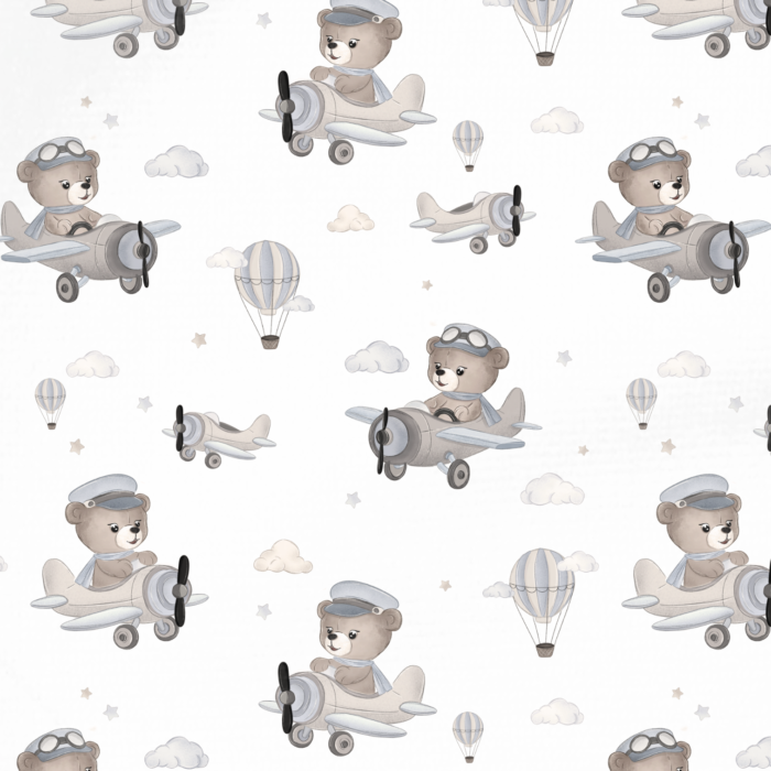 Tissu Imprimé Avion Ourson Pilote Vintage, 10 tissus au choix