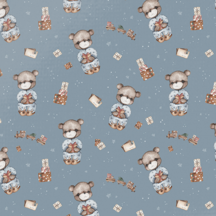 Tissu Imprimé Cadeau de Noel Ourson Bleu, 10 tissus au choix