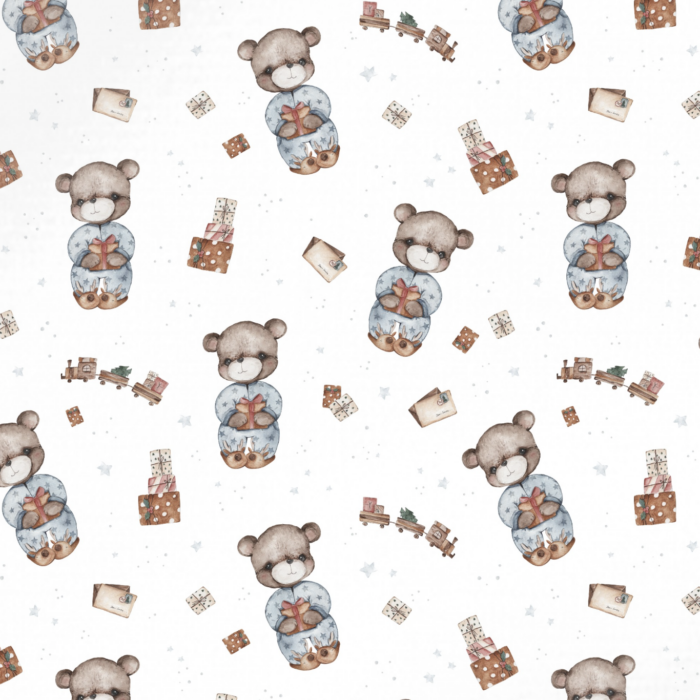 Tissu Imprimé Cadeau de Noel Ourson Blanc, 10 tissus au choix