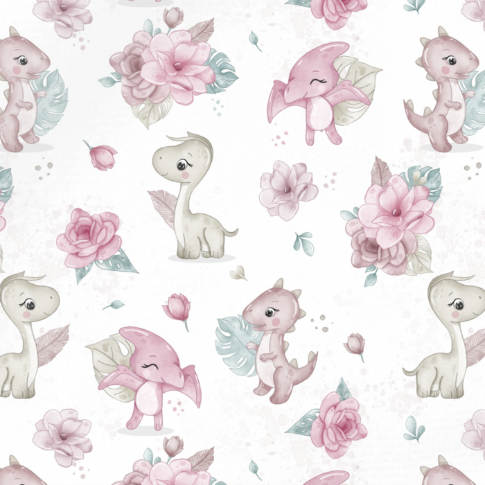 Tissu Imprimé Dinosaure Fille Fleurs 4 coloris, 10 tissus au choix – Image 4