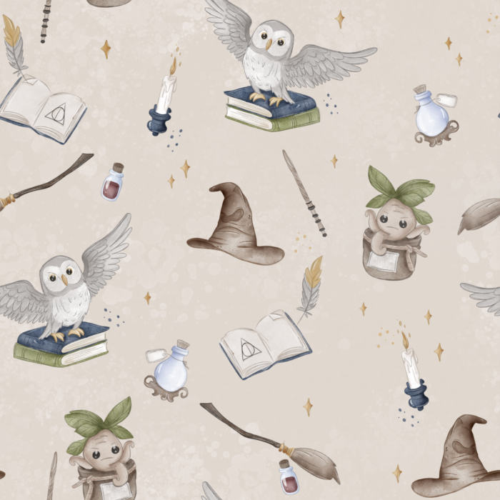 Tissu Imprimé Ecole Magie Hibou Beige, 10 tissus au choix