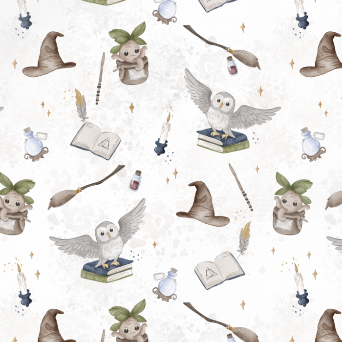 Tissu Imprimé Ecole Magie Hibou Blanc, 10 tissus au choix
