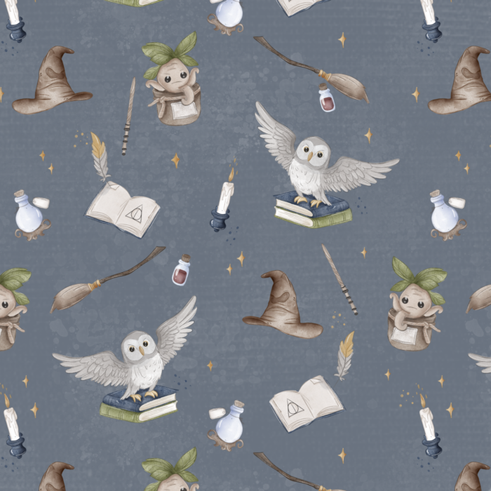 Tissu Imprimé Ecole Magie Hibou Bleu Gris, 10 tissus au choix