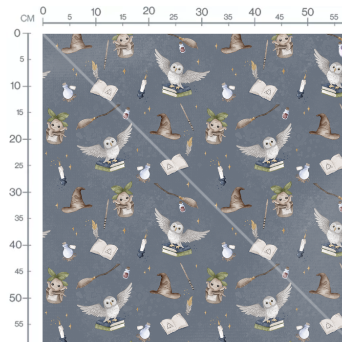 Tissu Imprimé Ecole Magie Hibou Bleu Gris, 10 tissus au choix – Image 3