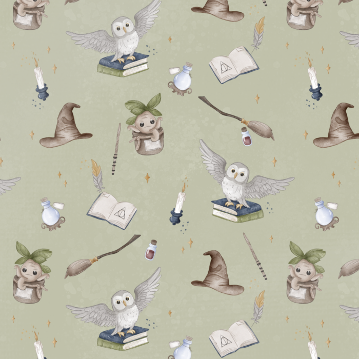 Tissu Imprimé Ecole Magie Hibou Vert, 10 tissus au choix