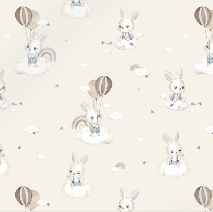 Tissu Imprimé Lapin Nuage Ballons Beige, 10 tissus au choix