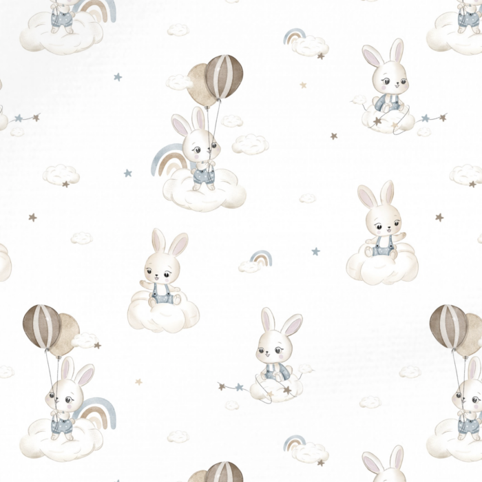 Tissu Imprimé Lapin Nuage Ballons Blanc, 10 tissus au choix