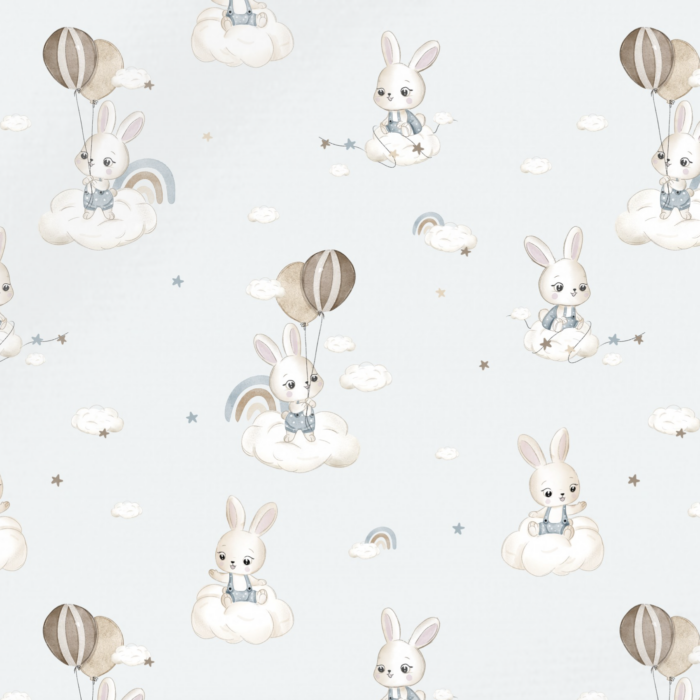 Tissu Imprimé Lapin Nuage Ballons Bleu, 10 tissus au choix