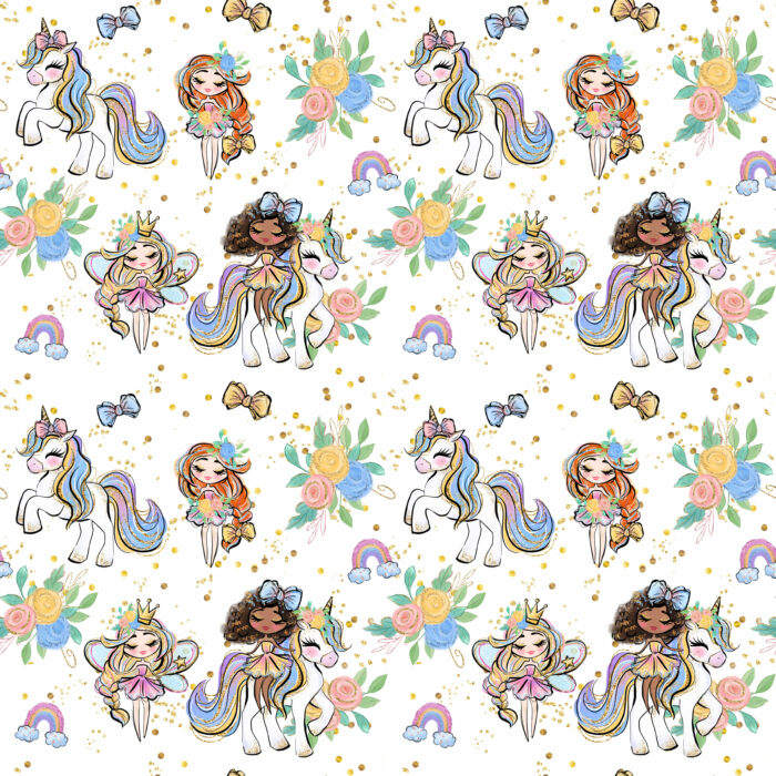 Tissu Imprimé Licorne Et Filles Blanc, 10 tissus au choix