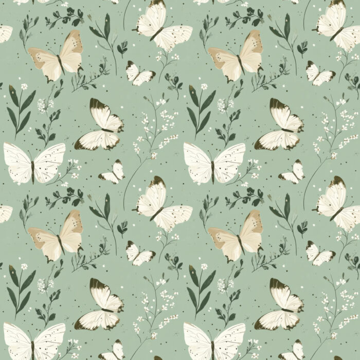 Tissu Imprimé Papillon Fleurs Vert Sauge, 10 tissus au choix