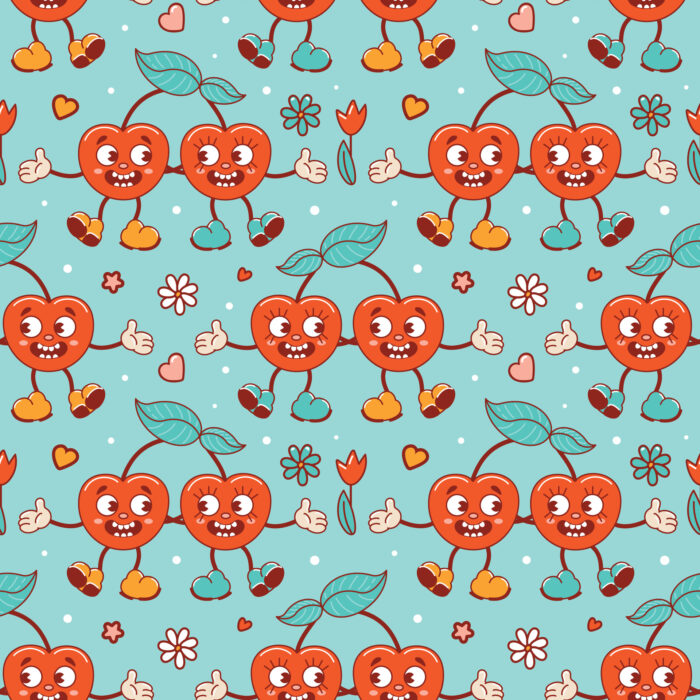 Tissu Imprimé Cerises Retro Groovy Bleu, 10 tissus au choix