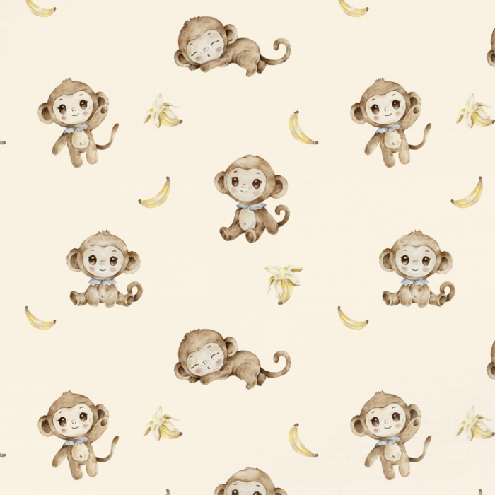 Tissu Imprimé Singe Mignon Banane Beige, 10 tissus au choix