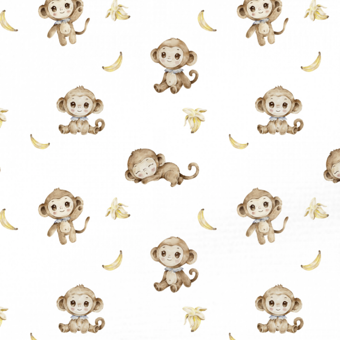 Tissu Imprimé Singe Mignon Banane Blanc, 10 tissus au choix